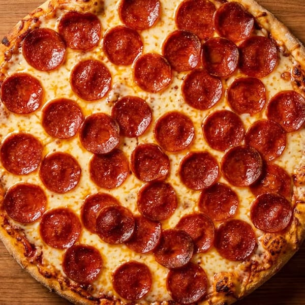 A whole pepperoni pizza with melted cheese and a golden crust sits on a wooden table.