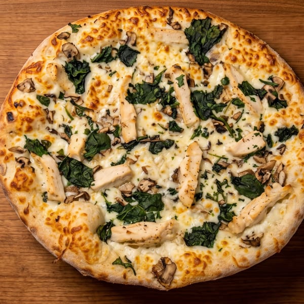 Overhead view of a white sauce pizza topped with chicken, spinach, and mushrooms on a wooden table.