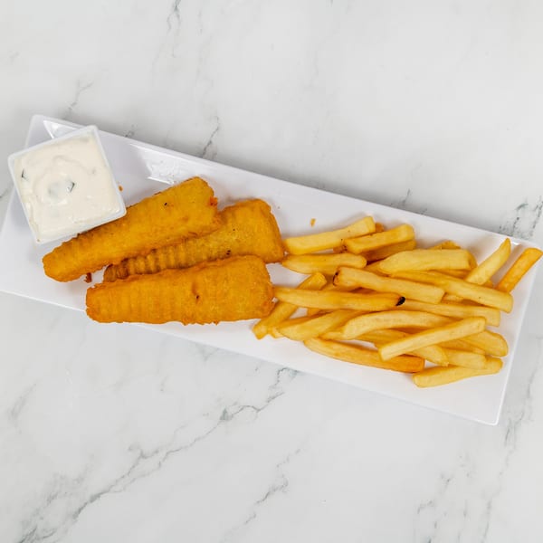 Three golden-brown fish fillets and a pile of french fries with tartar sauce on a white platter.