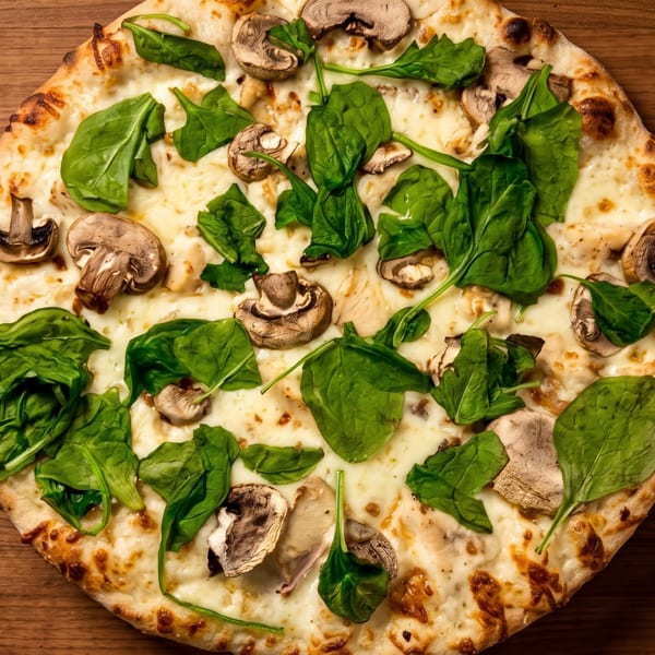 Top-down view of a whole pizza with melted cheese, fresh spinach leaves, and sliced mushrooms.