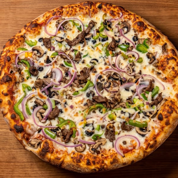 Overhead view of a whole pizza with steak, mushrooms, green peppers, red onions, and black olives.